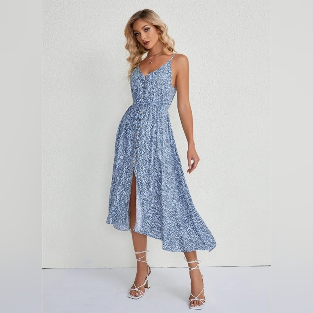 Brovave Blue And White High/Low Lightweight Midi Dress, Size M